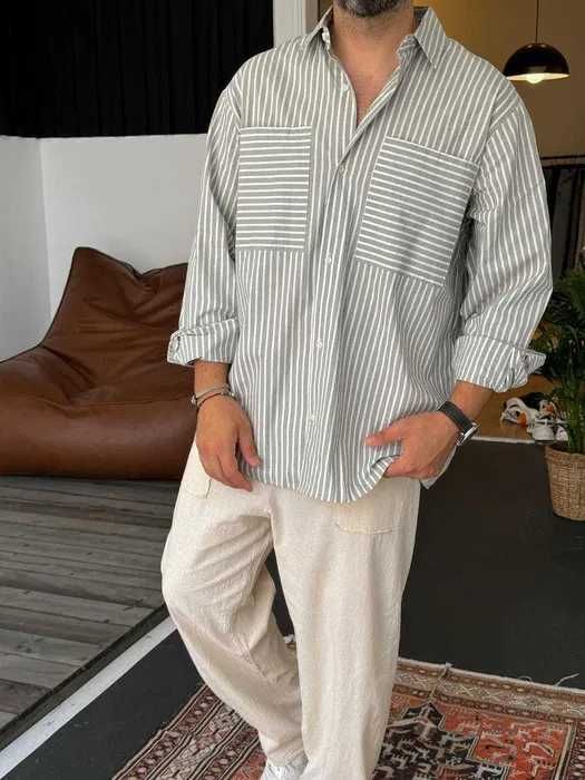 Рубашка мужская льняная летняя в полоску свободная Brew оверсайз