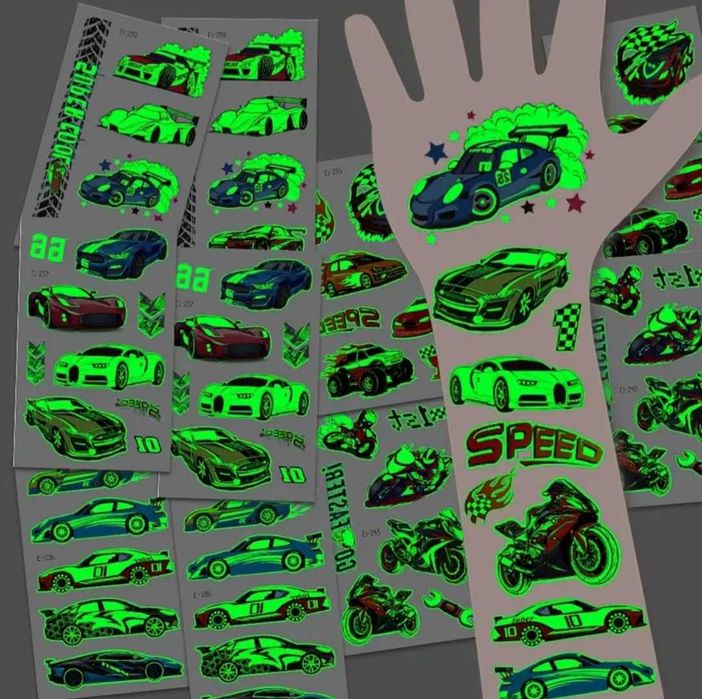 Tatuaże dziecięce SAMOCHODY WYSCIGOWE 5 arkusz świecące