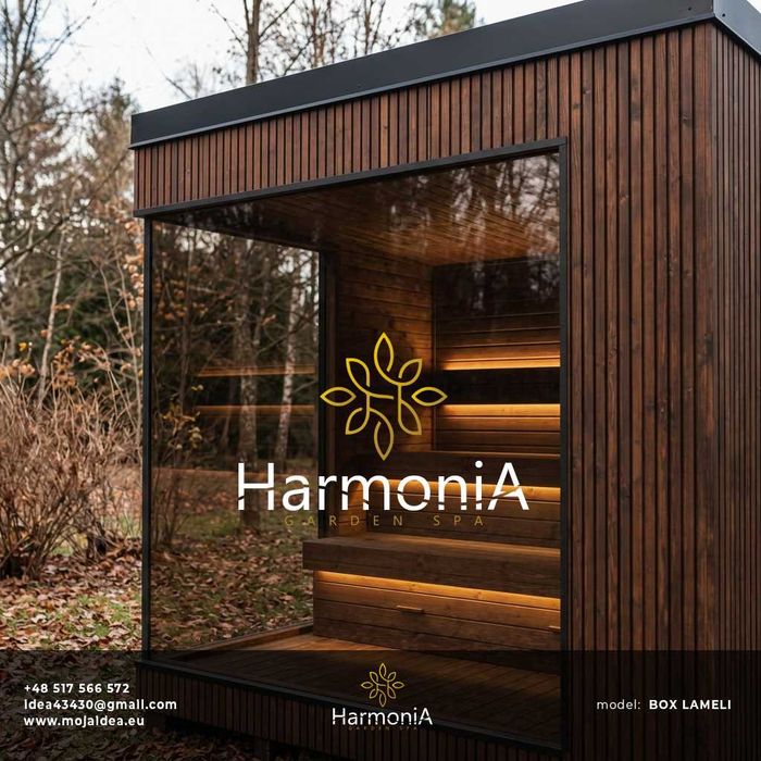 Sauna PANORAMA Ogrodowa Fińska Ocieplana Termo-drewno Premium piec Harvia