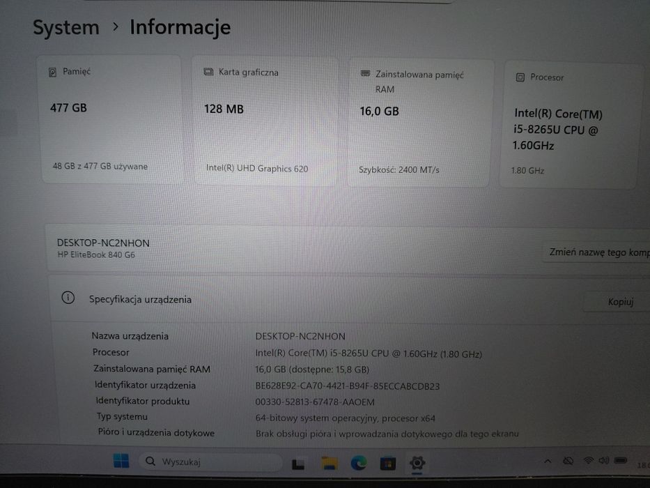 Laptop HP EliteBook 840 G6 | i5-8265U 8 gen | 16GB RAM | 512GB SSD