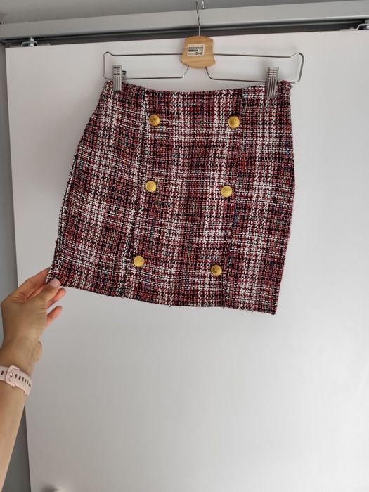 Tweedowa spódniczka mini w kratkę złote guziki r. 34 XS