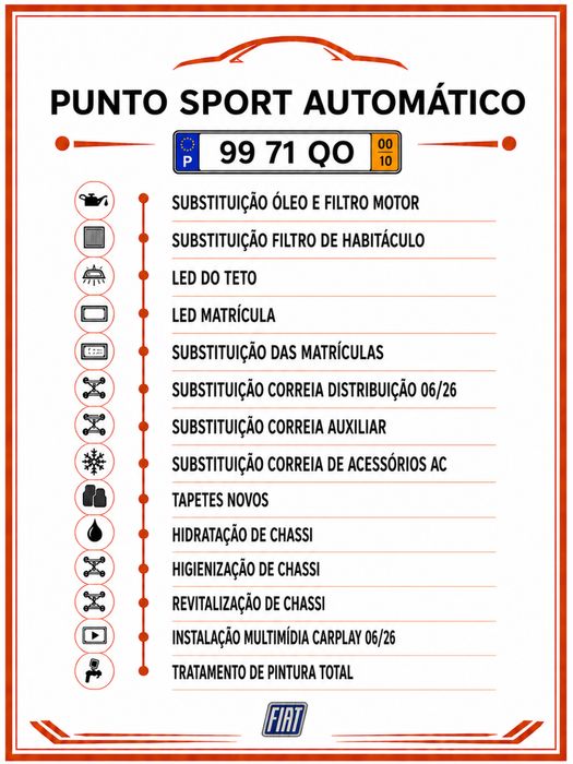 Punto Sport Fire 1.2 • Automático • 117 mil km (c/Histórico) • Multimedia • AC • Nacional • Jantes 16 • Distribuição Nova • 02 Donos