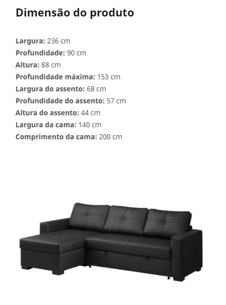Sofá cama com chaise longue - IKEA Ragunda  - Como novo