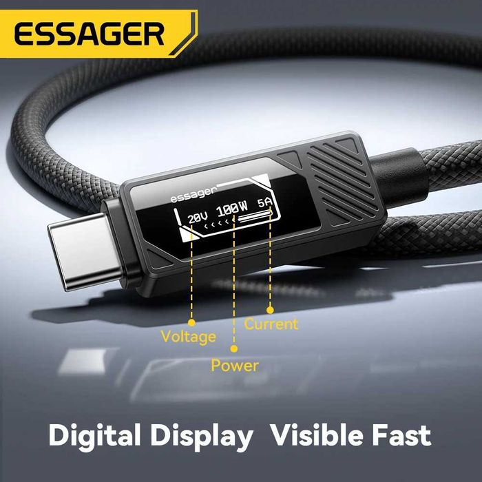 Новинка 2026! Кабель ESSAGER 100Вт TypeC-TypeC з OLED Дисплеєм 1м, PD MacBook iPhone 17|16/15/14, iPad Телефона/ноутбука. Андроид телефонов планшетов