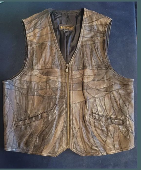 Męska kamizelka skóra naturalna, "Suchy Las", leather wear, patchworkowa