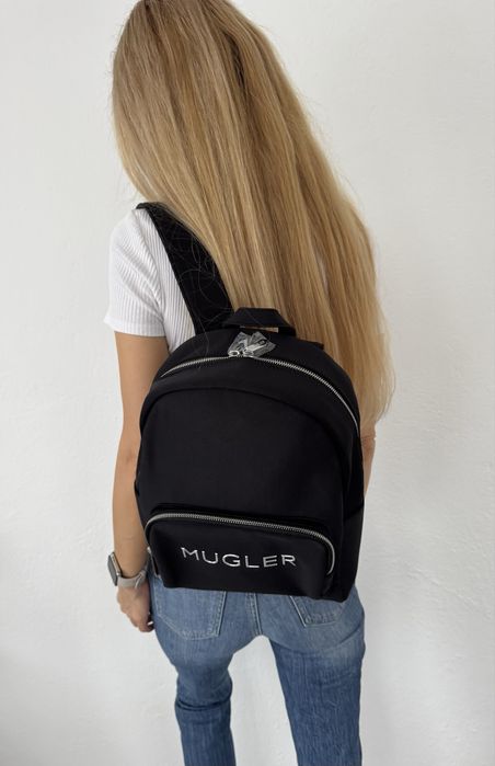 Mugler czarny plecak średniej wielkości srebrne logo damski męski