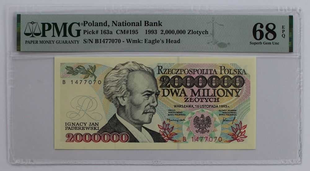 Ignacy Paderewski 2 mln 2.000.000 zł 1993 banknot grading PMG 68