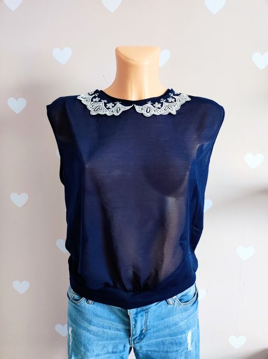 Granatowy prześwitujący top ozdobny kołnierzyk 38 M