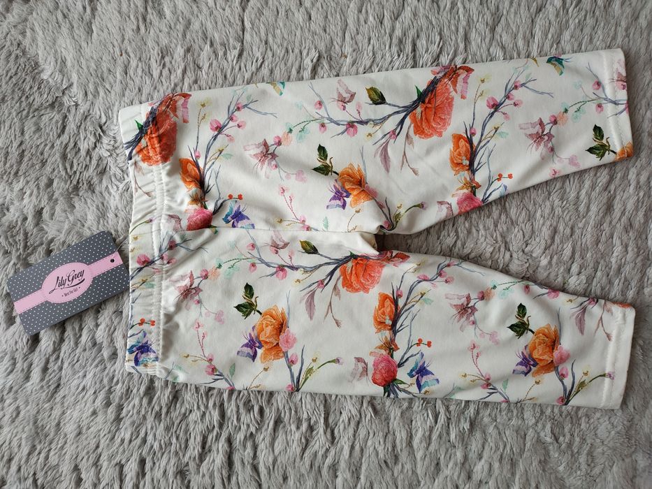 Nowe legginsy 3/4, elastyczne/kwiaty/motyle/prezent/Lily Grey/r.98/104
