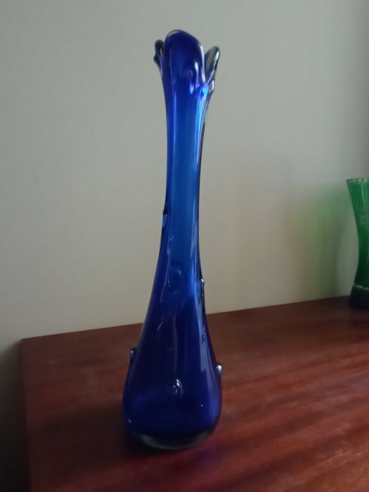 wazon kryształowy, niebieski PRL