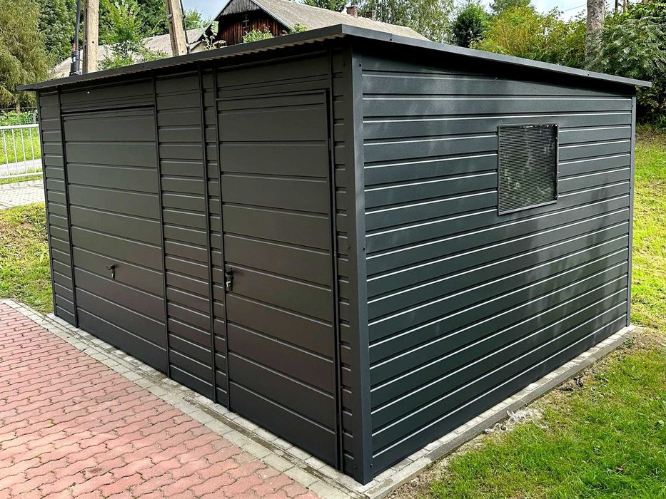 Domek ogrodowy 4×3 m – ciemny grafit matowy/brama uchylna