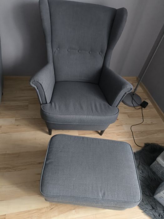 Zestaw Ikea Strandmon szary sofa kanapa fotel uszak podnóżki