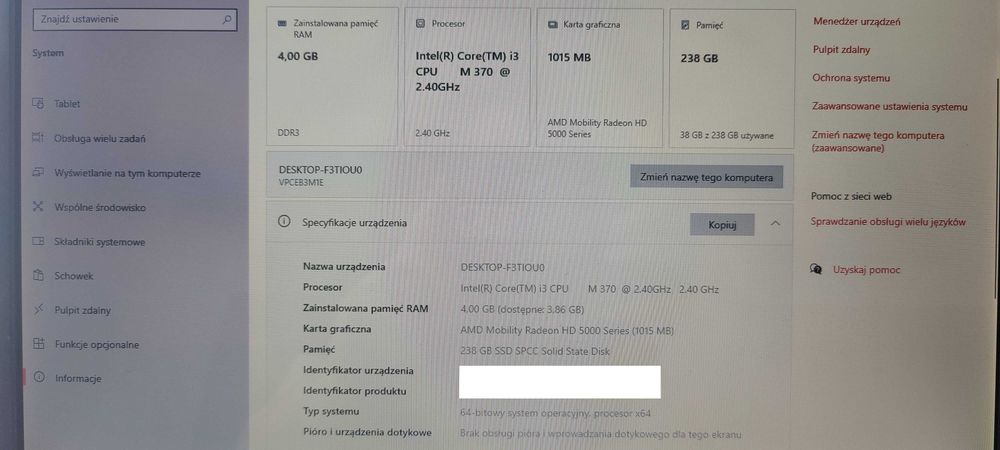 Sony 71211M - 15,6 cala - Core i3 4x2,40 GHz - 4GB Ram - 256GB SSD - Win10