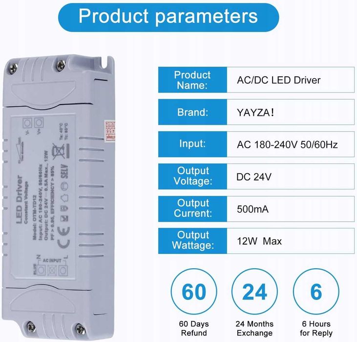Transformator LED 12W 24V, IP44 Sterownik LED 0,5A Funkcja ściemniania