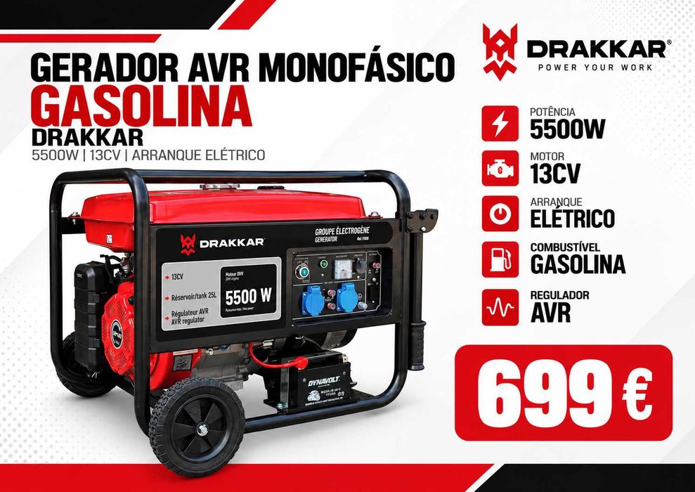 Gerador AVR Monofásico Gasolina DRAKKAR 5500W 13CV Arranque Elétrico LL29