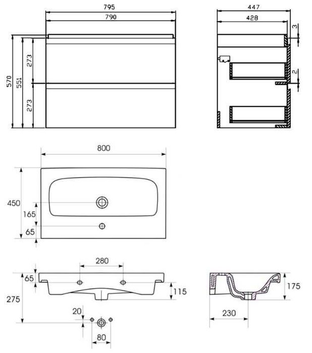 Меблі для ванної кімнати тумба підвісна Moduo з умивальником 80см біла