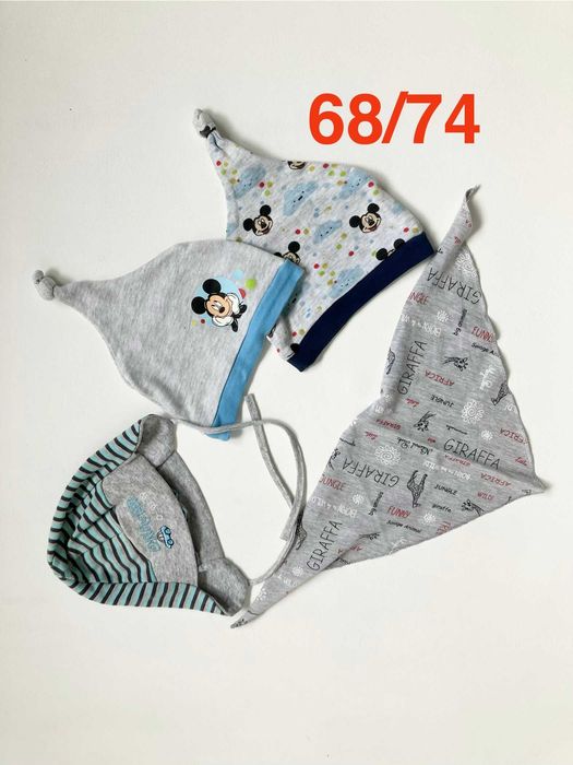 komplet chusteczka pod szyję i 3 czapki rozm 68/74