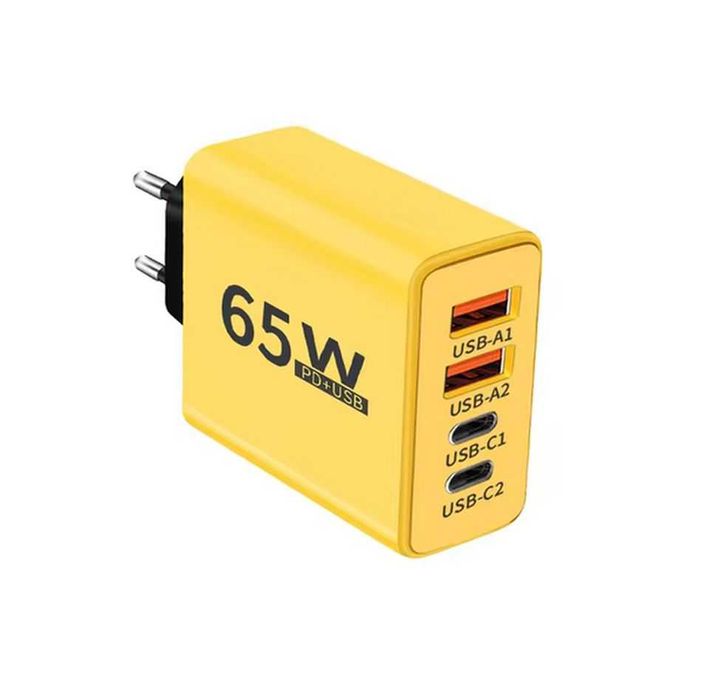 Ładowarka sieciowa USB: 2x USB C i 2x USB A 65W żółta
