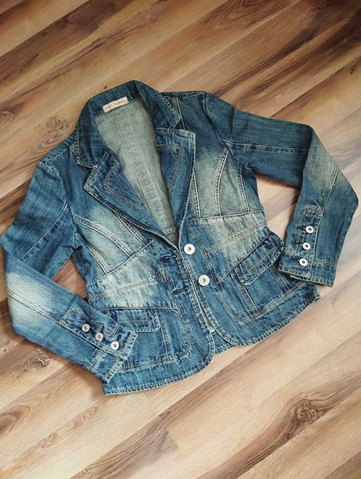 jeansowy żakiet S y2k jeansowa marynarka vintage taliowana granat