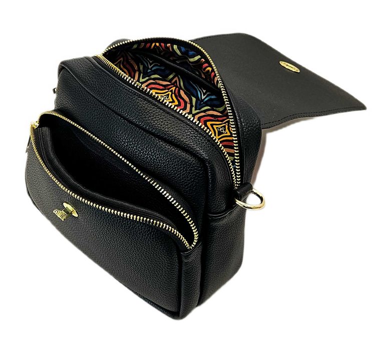 Ego Polska Torebka Damska Pszczółka Czarna Matowa Skóra Kolorowy Pasek