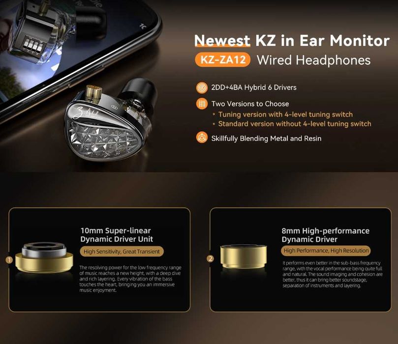 ‼️ KZ ZA12 (Tuning version, mic) - гибридные IEM's наушники (2DD+4BA)