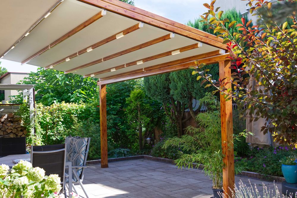 Zadaszenie tarasowe, aluminiowa pergola ogrodowa z automatycznie otwieranym dachem i oświetleniem LED, imitacja drewna