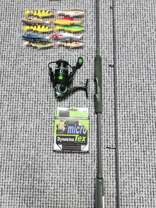 wędka spinningowa Veteran green 245 cm + kołowrotek BF2000 + przynęty + akcesoria