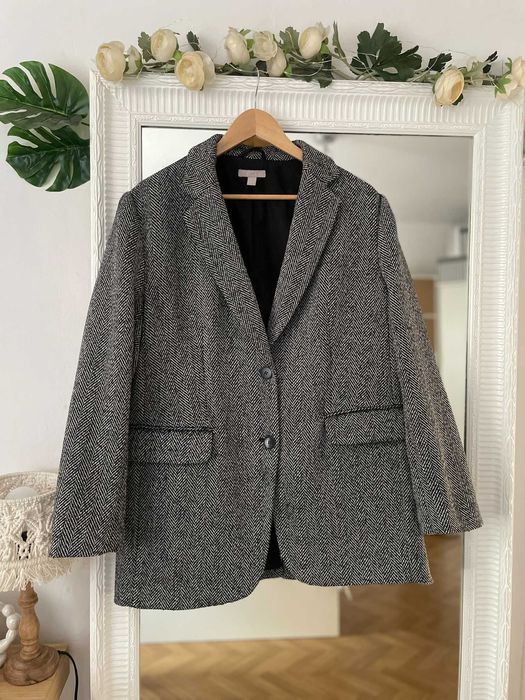 H&M marynarka szara jodełka oversize jednorzędowa wełna wool M 38
