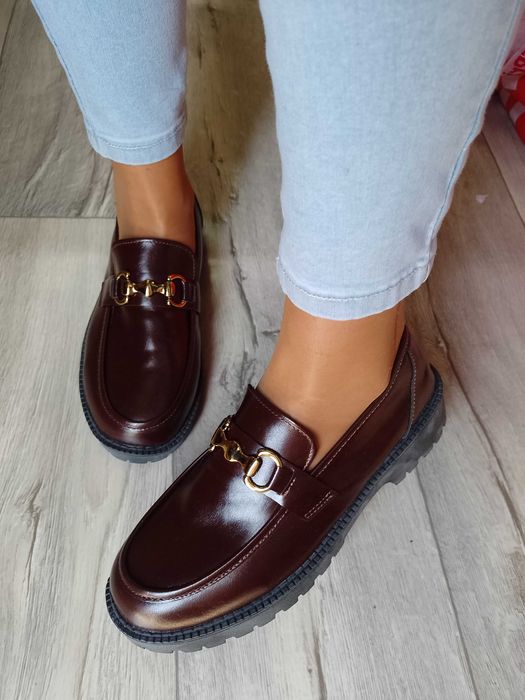 (41) Brązowe, czekoladowe mokasyny loafersy wieczorowe, NOWE