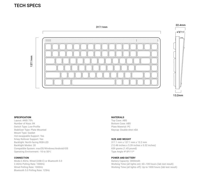 Бездротова механічна клавіатура NuPhy Node 75 low-profile, Ink Gray