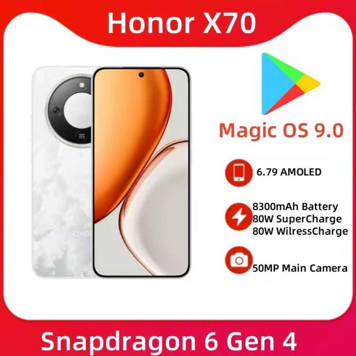 Honor X70, X9d Black, 8/128Gb, 120 Hz, 8300 mAh, 80W Snapdragon 6 Gen4