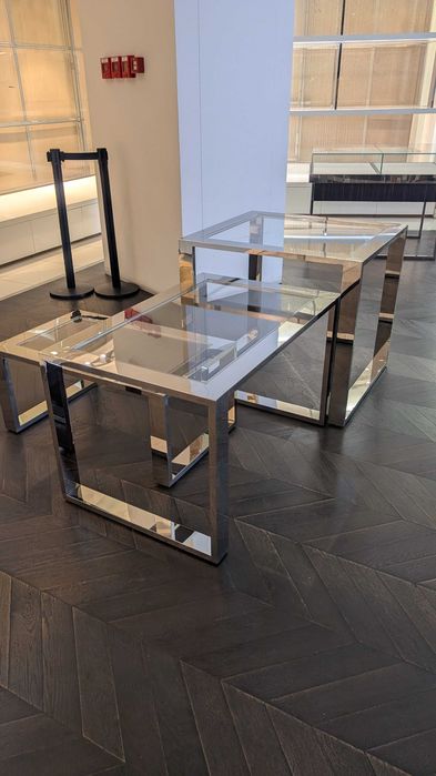 Conjunto 3 Mesas Modulares / Expositores de Loja - Inox e Vidro Transparente