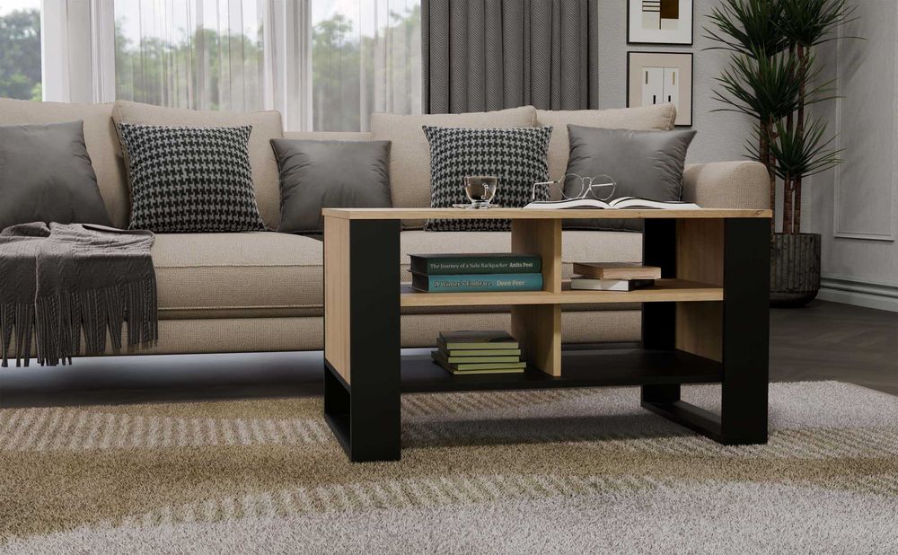 Stolik Kawowy MODERN 4P Ława z 4 Półkami DĄB ARTISAN / CZARNY