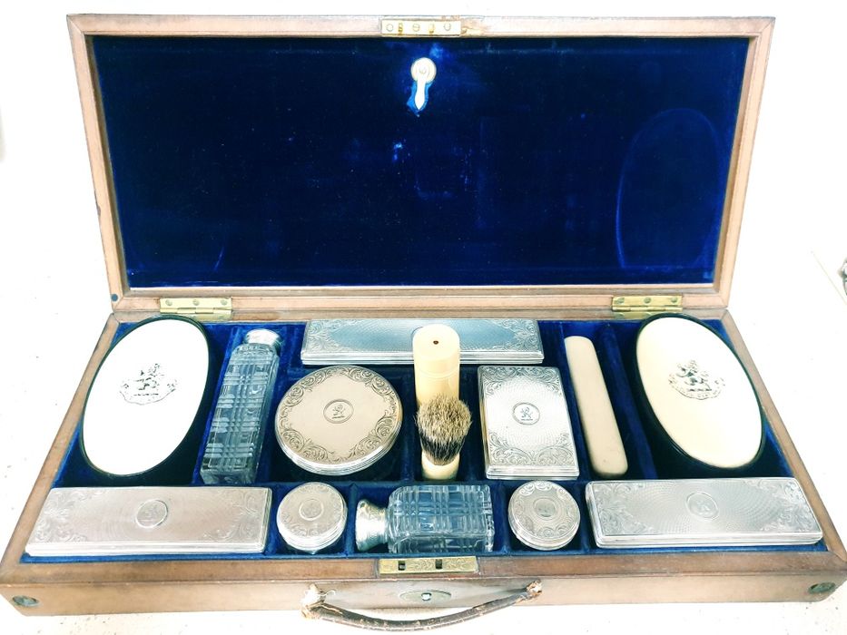 Precious antique English travel toilet case with silver