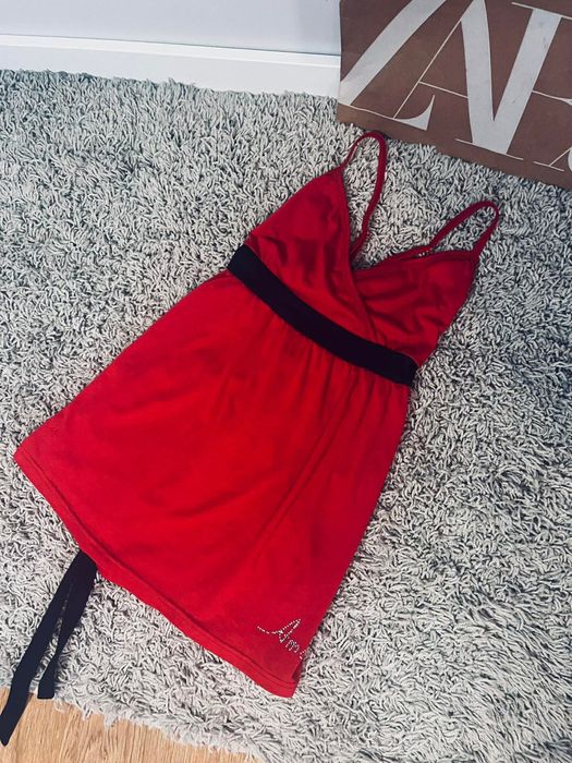 M/L piękna czerwona tunika top letni na ramiączkach
