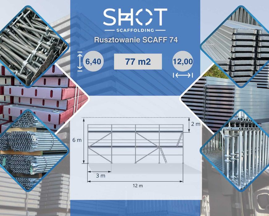 Lekkie nowe rusztowanie aluminiowe typ Plettac 6,4x12=77m2 podest 3m