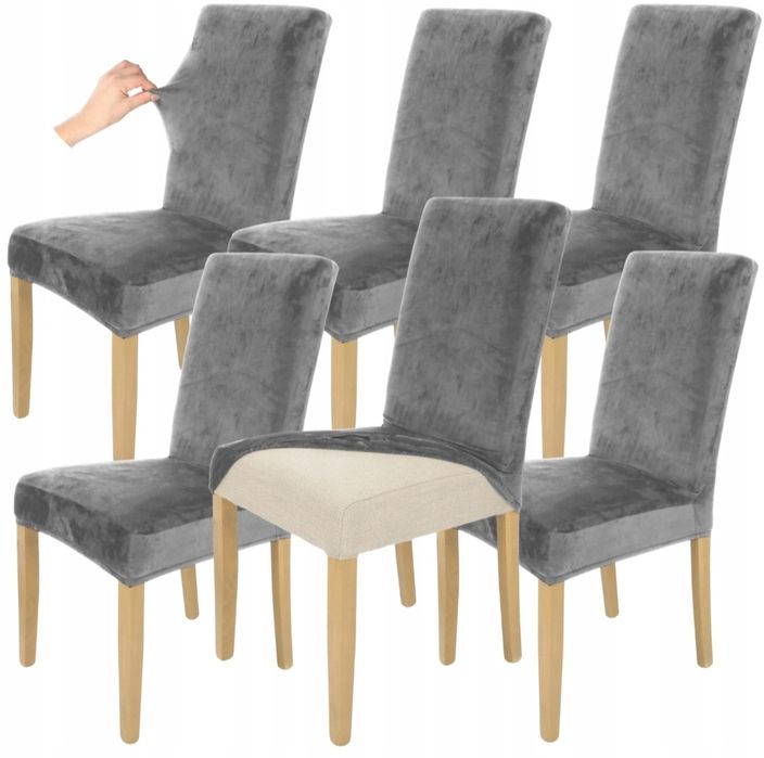 Nowe pokrowce 6 sztuk elastyczne uniwersalne szary welur plamoodporne