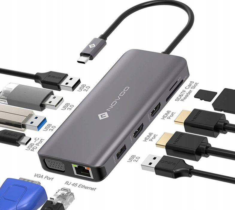 NOVOO RM11 Stacja Dokująca 11w1 USB C USB 3.0 Karty Pamięci RJ45 Ether