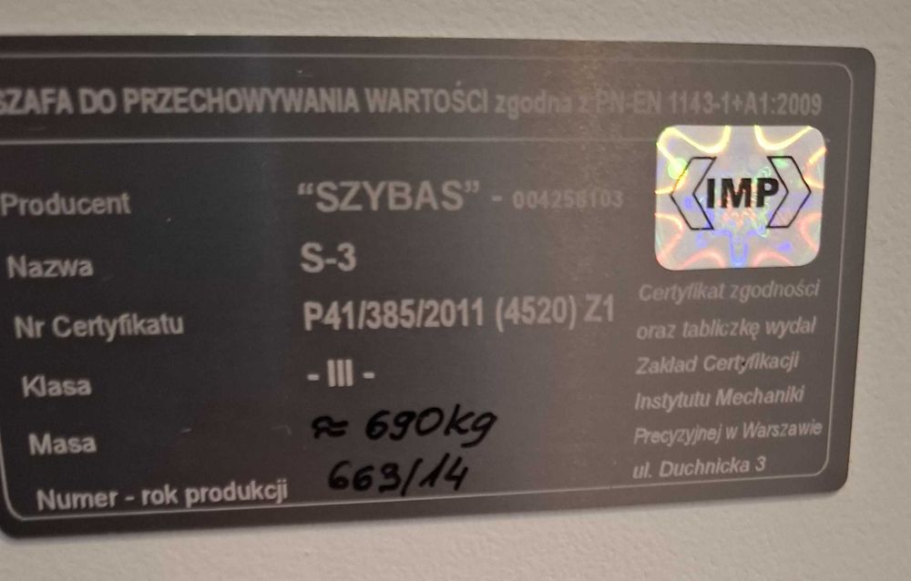 Sejf kasa pancerna Szybas, III klasa odporności na włamanie, 690 kg