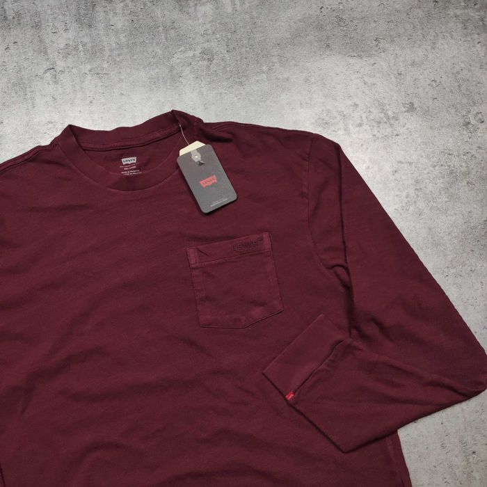 MĘSKA Nowa Cienka Bluza Longleve Bluzka Levis Bordowa Kieszonka Haft