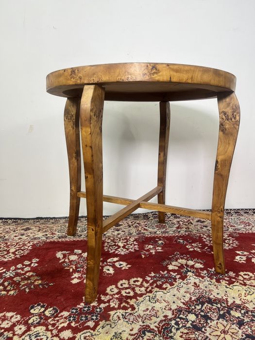 Stół okrągly Art Deco lata 60 fornir korzeń orzech śr 76 vintage