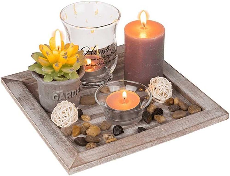 Prato de madeira Home, 2 suportes para velas, 2 velas e pedras