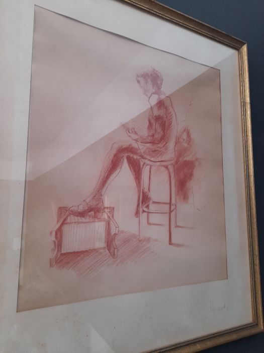 Stary rysunek kredką w oprawie