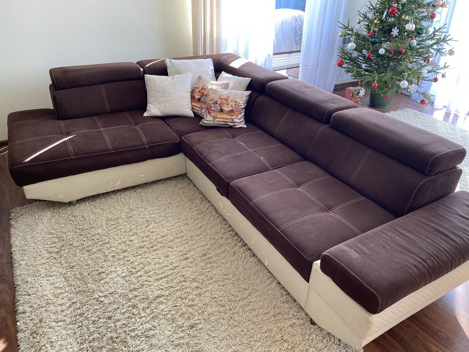 Kanapa narożna brązowo kremowa 210x270