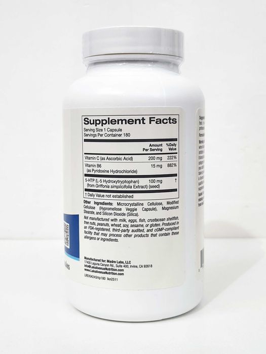 5-HTP Lake Avenue Nutrition з вітамінами B6 і C, 100 мг, 180 капсул