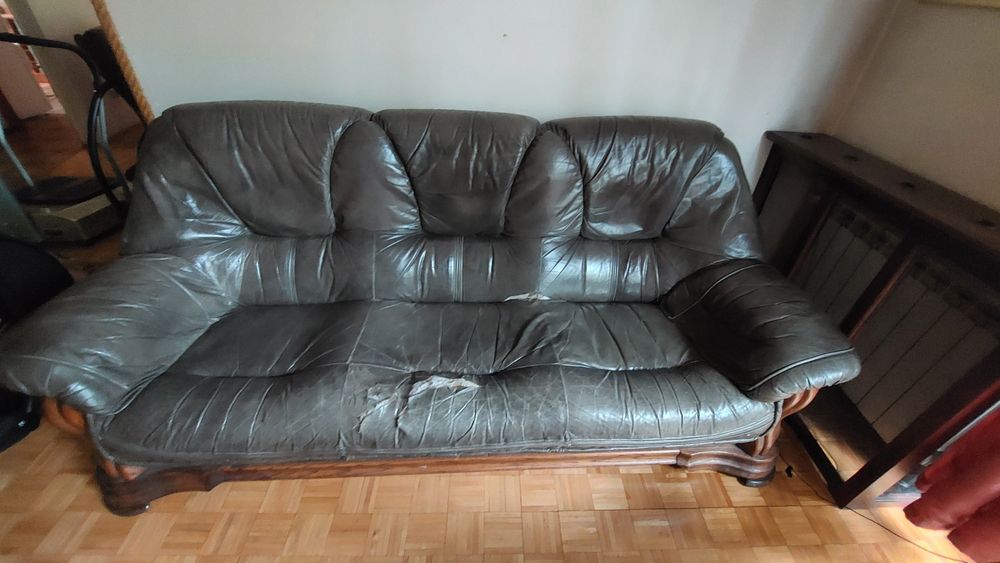 Komplet wypoczynkowy (sofa + 2 fotele)  skóra/drewno