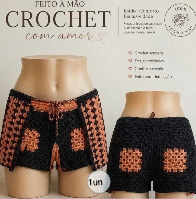 Top e calção feito à mão em crochet.  Novo