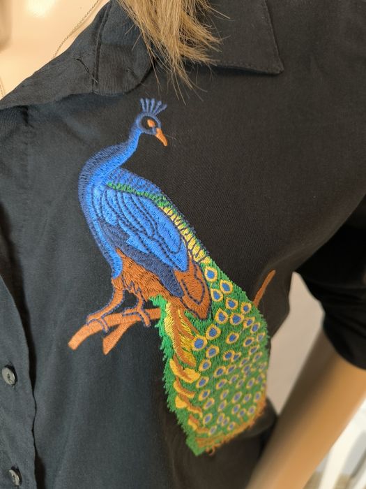 Czarna długa koszula 36 38 haft Puff oversize elegancka świąteczna