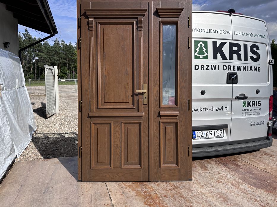 Drzwi zewnętrzne drewniane dwuskrzydłowe dębowe Na wymiar Montaż PL