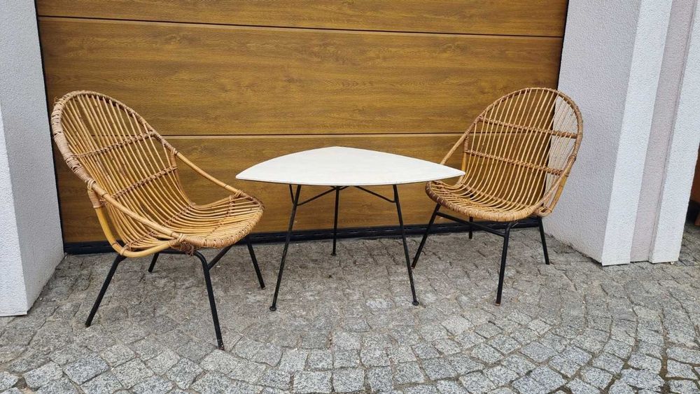 2x fotel rattanowy stolik l 60 Mid Century Design Czechosłowacja PRL